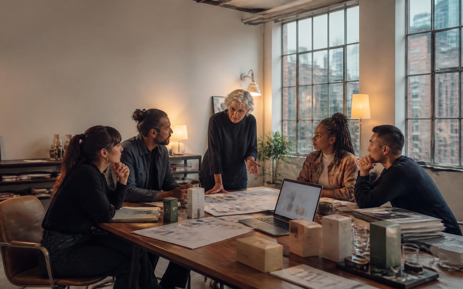 Business owners and a strategist planning campaigns together in a London studio